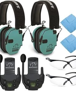 Walker’s Razor Slim Electronic Shooting Muffs (Light Teal, 2-Pack) Bundle with Walkie Talkies (2-Pack), Shooting Glasses (2-Pack), and Focus Cleaning Cloths (2-Pack) (8 Items)