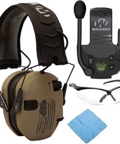 Walker's Razor Slim Electronic Shooting Hearing Protection Muff (American Flag Distressed, Tan) Bundle with Walkie-Talkie Attachment, Shooting Glasses and Cleaning Cloth (4 Items)