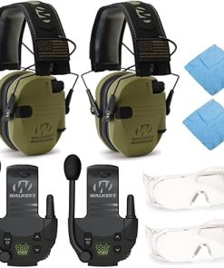 Walker's Razor Slim Electronic Muffs (OD GRN Patriot, 2-Pack) with Walkie-Talkie Attachments (2-Pack), Shooting Glasses (2-Pack) and Cleaning Cloths (2-Pack) Bundle (8 Items)