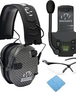 Walker's Razor Slim Electronic Muff (Carbon) Bundle Tactical/Hunting Walkie Talkie, Sport Shooting Glasses and Microfiber Cleaning Cloth (4 Items)
