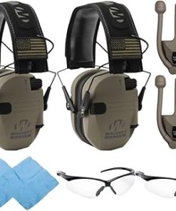 Walker's Razor Slim Electronic Muff (FDE Patriot Version, 2-Pack) Bundle with 22-Channel Walkie-Talkie Attachment (2-Pack), Shooting Glasses (2-Pack) and Cleaning Cloth (2-Pack) (8 Items)