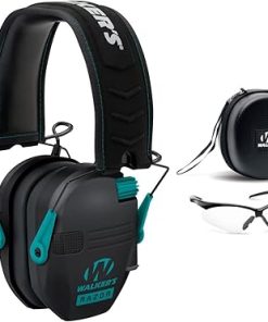 Walker's Razor Slim Electronic Muff (Black/Teal) with Protective Case and Shooting Glasses Bundle (3 items)