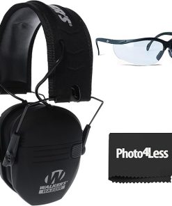 Walker's Razor Slim Ultra Low Profile Compact Design Adjustable Hearing Protection Electronic Earmuffs - Black, Bundle Game Ear Sport Glasses - Clear Lens.