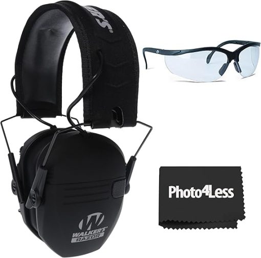 Walker's Razor Slim Ultra Low Profile Compact Design Adjustable Hearing Protection Electronic Earmuffs - Black, Bundle Game Ear Sport Glasses - Clear Lens.