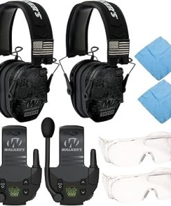 Walker's Razor Patriot Series Hi-Gain Omnidirectional Microphone Electronic Muffs (Kryptek Camo) Bundle with Walkie-Talkie Attachment, Protective Full Coverage Glasses and Cleaning Cloth (2-Pack)