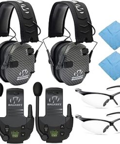 Walker's Razor Slim Electronic Muff (Carbon, 2-Pack) Tactical/Hunting Walkie Talkie (2-Pack), Sport Shooting Glasses (2-Pack) and Microfiber Cleaning Cloth (2-Pack) Bundle (8 Items)