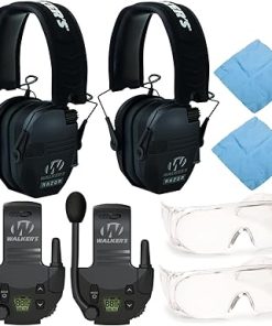 Walkers Razor Slim Electronic Muff (Black, 2-Pack) Bundle Tactical/Hunting Walkie Talkie (2-Pack), Sport Shooting Glasses (2-Pack), and Microfiber Cleaning Cloth (2-Pack) (8 Items)