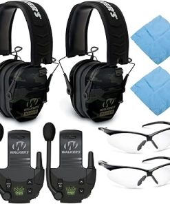 Walker's Razor Slim Electronic Muff (MultiCam Camo Gray, 2-Pack) Bundle with Walkie-Talkie Attachment (2-Pack), Shooting Glasses (2-Pack) and Cleaning Cloth (2-Pack) (8 Items)