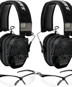 Walkers Razor Patriot Series Hi-Gain Omnidirectional Microphone Adjustable Range Shooting Hunting Hearing Protection Electronic Earmuffs (Kryptek Camo) Bundle with Protective Glasses (2-Pack)