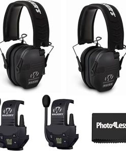 Walker's Razor Slim Ultra Low Profile Compact Design Adjustable Hearing Protection Electronic Earmuffs - Black Bundle With WALKER'S Razor Walkie Talkie Attachment - 22 Channels 3 Miles Range (2 Pack)
