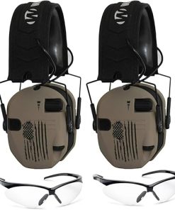 Walkers Razor Slim Electronic Shooting Range Earmuffs Bundle with Glasses (US Flag-FDE, 2-Pack) (4 Items)