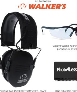 Walker’s Razor Slim Ultra Low Profile Compact Design Adjustable Hearing Protection Electronic Earmuffs – Black, Bundle Game Ear Sport Glasses – Clear Lens. 2