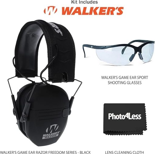 Walker's Razor Slim Ultra Low Profile Compact Design Adjustable Hearing Protection Electronic Earmuffs - Black, Bundle Game Ear Sport Glasses - Clear Lens. - Image 2
