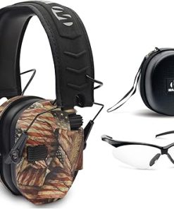 Walkers Razor Slim Electronic Hearing Protection Muffs (Sound Amplification & Suppression) with Protective Case and Shooting Glasses (American Flag) Bundle