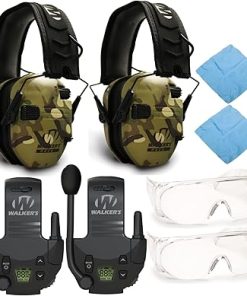 Walker's Razor Slim Electronic Shooting Muffs (MultiCam Camo Tan, 2-Pack) Bundle with Walkie Talkies (2-Pack), Shooting Glasses (2-Pack), and Cleaning Cloths (2-Pack) (8 Items)