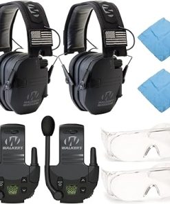 Walker's Razor Slim Electronic Muff (Black Patriot Version, 2-Pack) Bundle with Tactical/Hunting Walkie Talkie (2-Pack), Shooting Glasses (2-Pack) and Microfiber Cleaning Cloth (2-Pack) (8 Items)