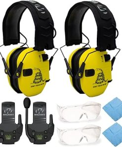 Walker’s Razor Shooting Muffs (Don't Tread On Me Yellow, 2-Pack) Bundle with Walkie Talkie (2-Pack), Shooting Glasses (2-Pack), and Cleaning Cloth (2-Pack) (8 Items)