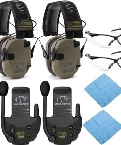 Walker's Razor Slim Electronic Shooting Muffs (FDE Patriot, 2-Pack) Bundle with Walkie Talkies, Shooting Glasses, and Cleaning Cloths (8 Items)