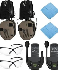 Walkers Razor Slim Electronic Muff (US Flag-FDE, 2-Pack) Sport Bundle with Tactical/Hunting Walkie Talkie Attachment, Glasses and Microfiber Cleaning Cloth (8 Items)