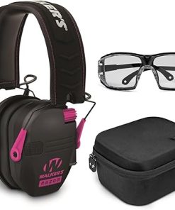 Walker's Razor Slim Electronic Muff (Black/Pink) Bundle with Ballistic Protection Glasses, and Protection and Safety Case (3 Items)