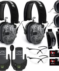 Walker's Razor Slim Electronic Muff (Raid, 2-Pack) with Walkie Talkie Attachment, Hearing Protection Case, Clip Holder, Shooting Glasses and Cleaning Cloth Bundle (12 Items)